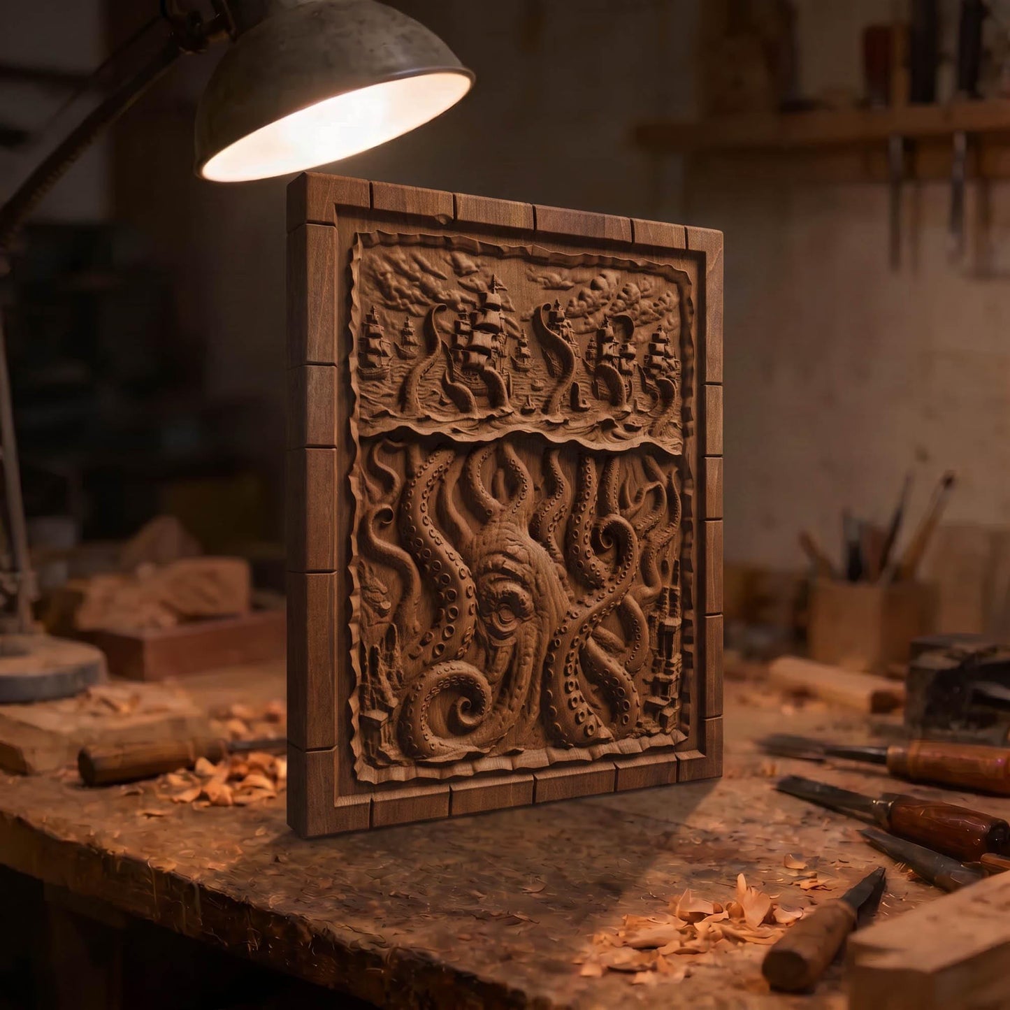 Kraken Atack on the Ships from Ancient Greek Mythology 3D Wooden Bas Relief Panel Art Sculptural Gift Idea Cretan Holy Carvings