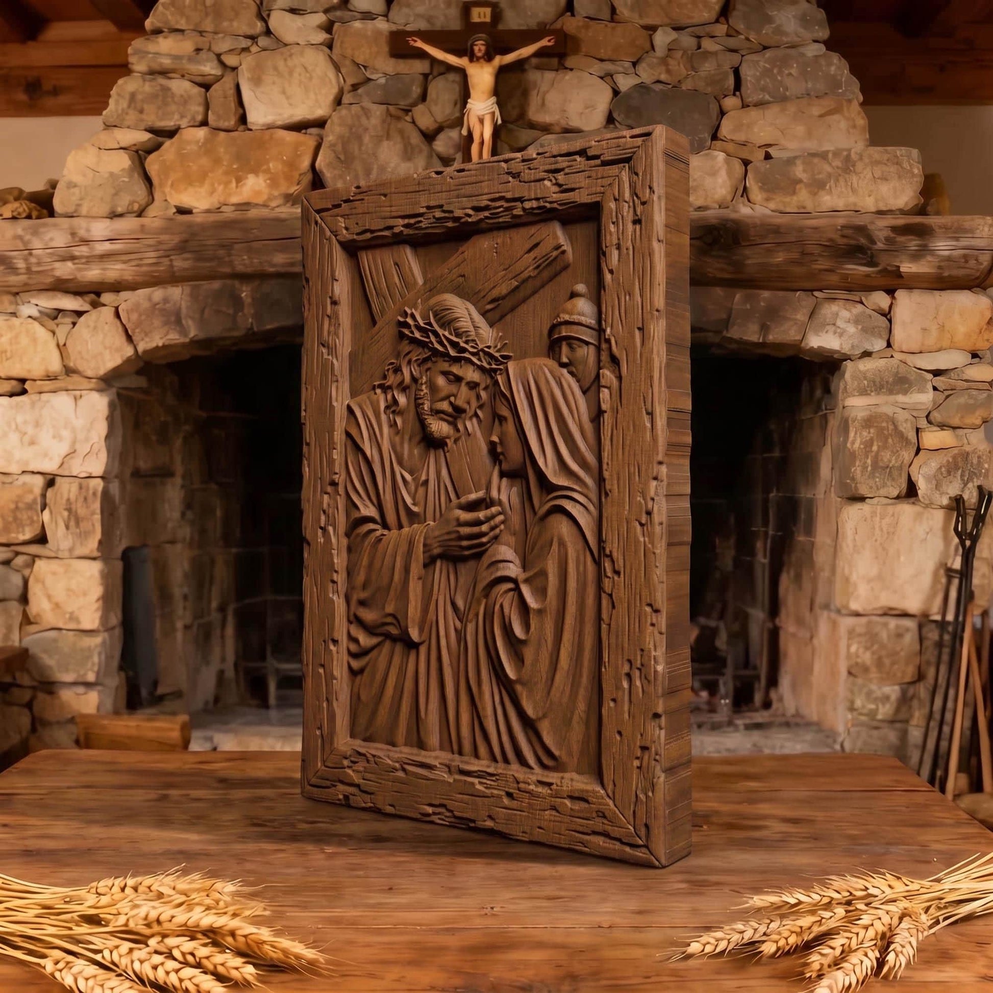 Virgin Mary Supports Jesus Wooden Carved Handmade Christian Icon  Byzantine Greek Orthodox Home Decor Cretan Holy Carvings