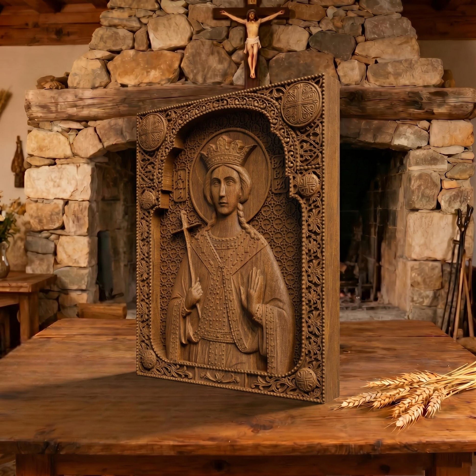 Saint Barbara Wooden Carved Handmade Christian Icon Patron Saint of Artillerymen Cretan Holy Carvings