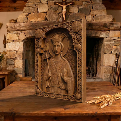 Saint Barbara Wooden Carved Handmade Christian Icon Patron Saint of Artillerymen Cretan Holy Carvings