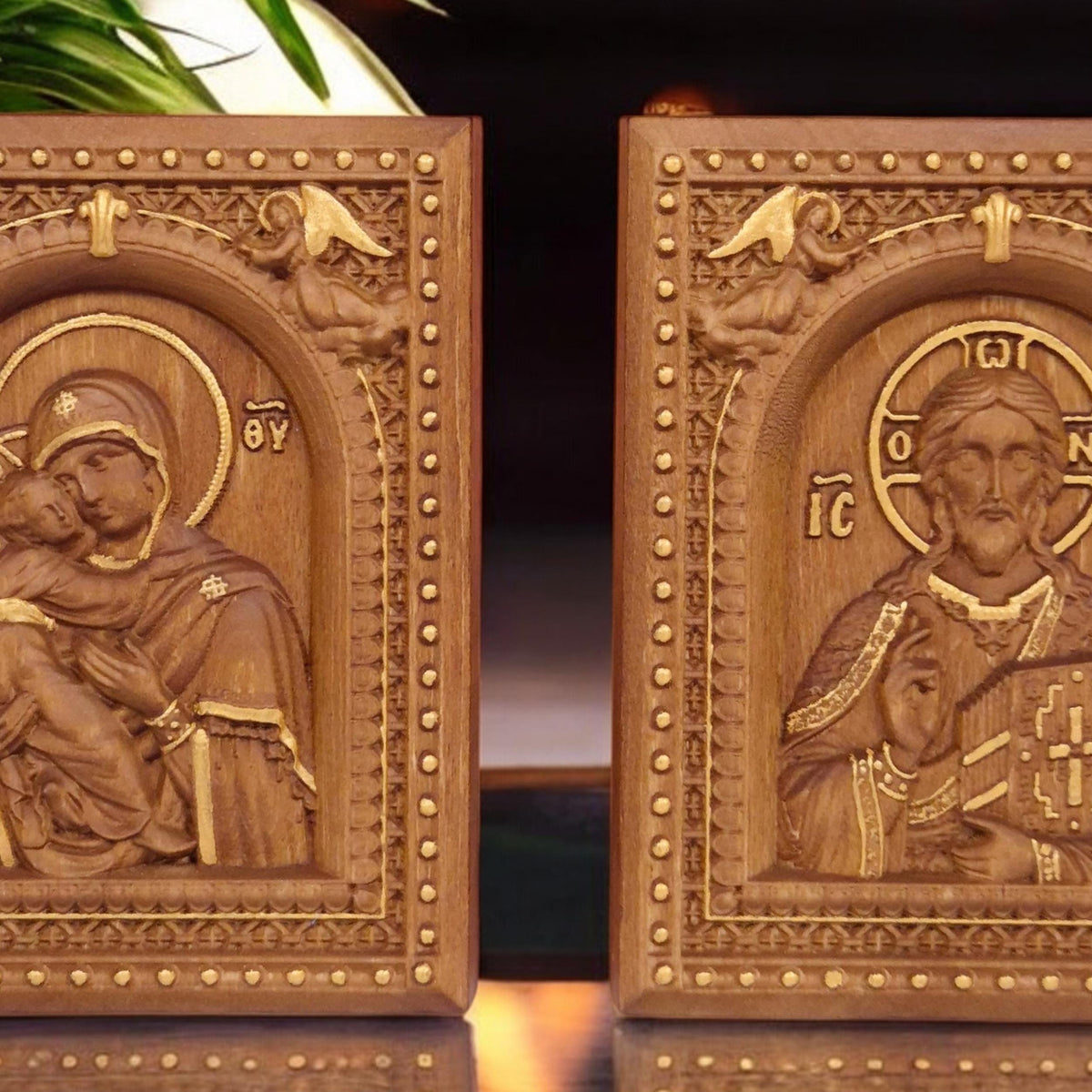 Christ and Mother of God Set Two Wooden Carved Handmade Christian Icons | Byzantine Greek Orthodox Home Art Decor
