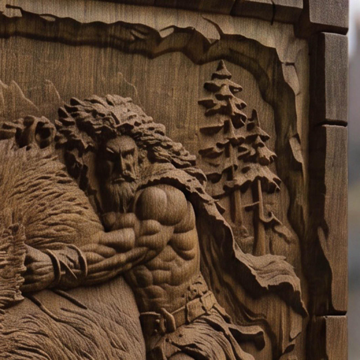 Hercules Fighting the Wild Boar from Ancient Greek Mythology 3D Wooden Bas Relief Panel Art Sculptural Gift Idea Cretan Holy Carvings