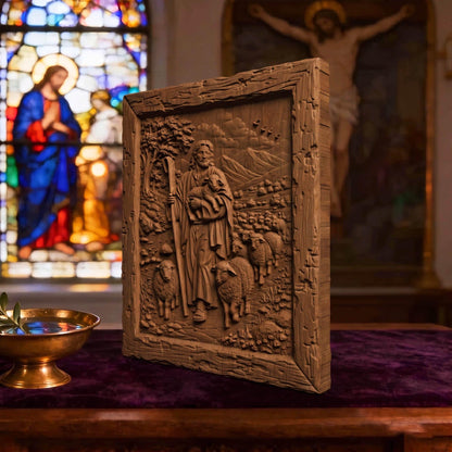 Jesus Christ the Good Shepherd Wooden Carved Handmade Christian Icon  Byzantine Greek Orthodox Home Decor Cretan Holy Carvings