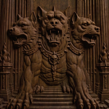 Cerberus at the Gates of Hades from Ancient Greek Mythology 3D Wooden Bas Relief Panel Art Sculptural Gift Idea Cretan Holy Carvings