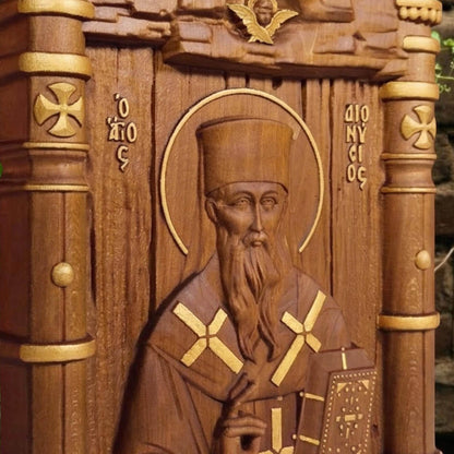 Saint Dionysios of Zakynthos Wooden Carved Handmade Christian Icon. Byzantine Greek Orthodox Home Decor.