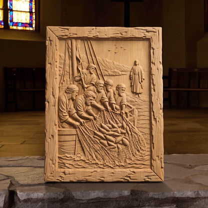 Jesus and the Miraculous Catch of Fish Wooden Carved Handmade Christian Icon  Byzantine Greek Orthodox Home Decor Cretan Holy Carvings