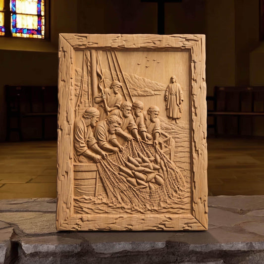 Jesus and the Miraculous Catch of Fish Wooden Carved Handmade Christian Icon  Byzantine Greek Orthodox Home Decor Cretan Holy Carvings