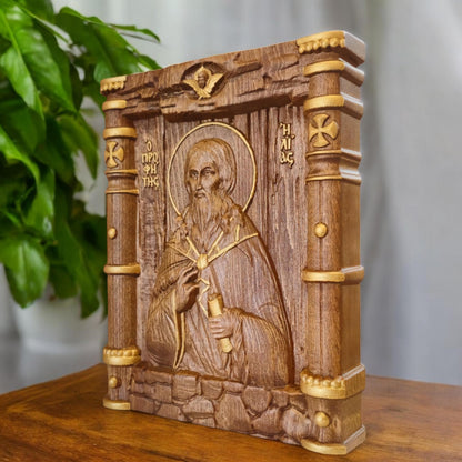 Prophet Elijah Wooden Carved Handmade Christian Icon. Byzantine Greek Orthodox Home Art Decor.