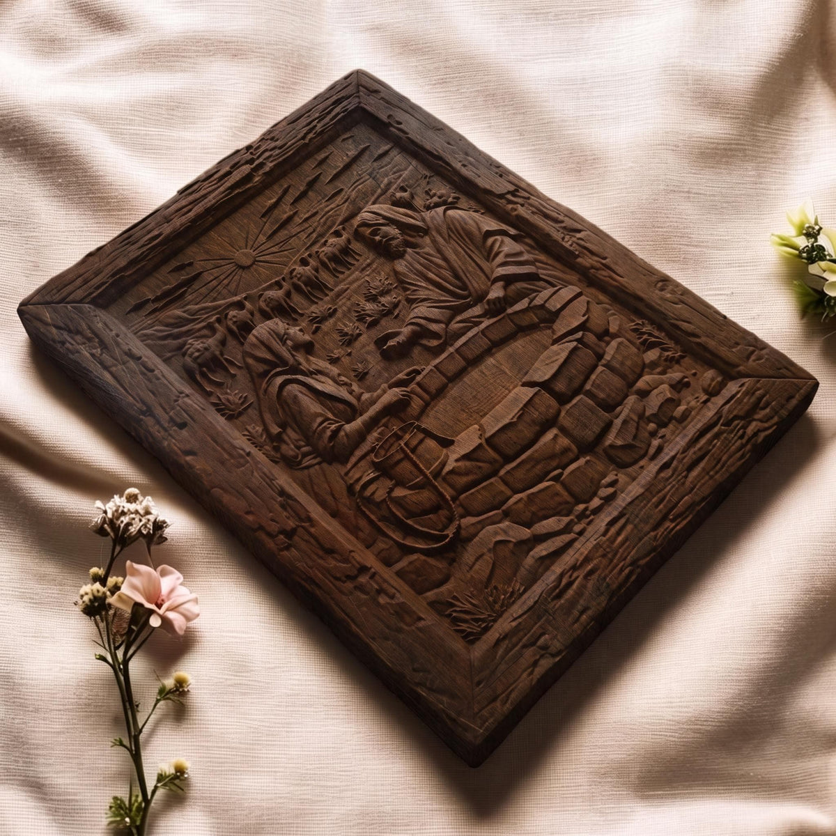 Jesus Talks With a Samaritan Woman at the Well Wooden Carved Handmade Christian Icon  Byzantine Greek Orthodox Home Decor Cretan Holy Carvings