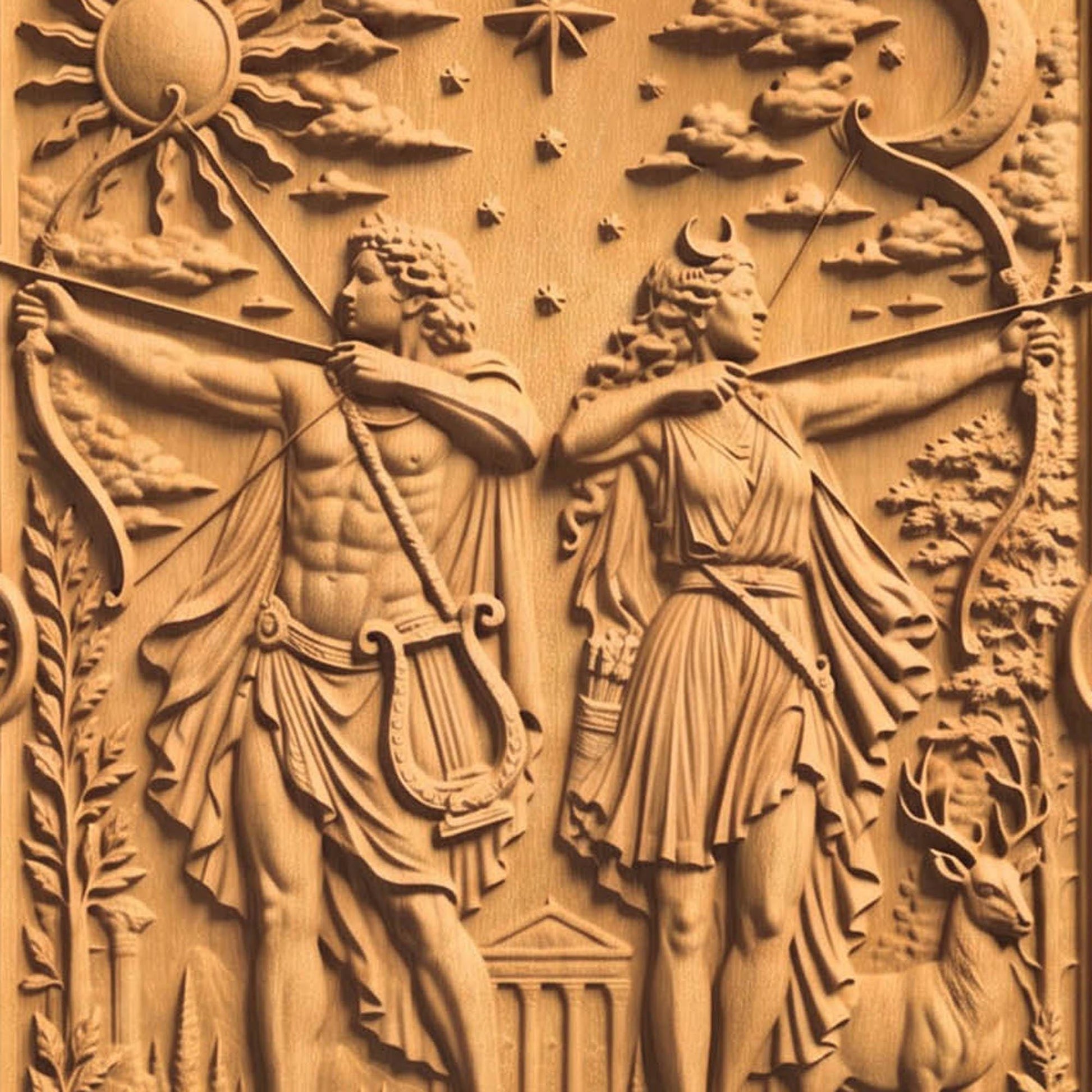Apollo and Artemis Gods of Olympus 3D Wooden Bas Relief Panel Art Sculptural Gift Idea Cretan Holy Carvings