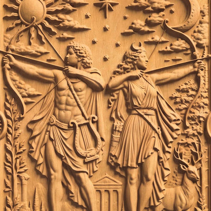 Apollo and Artemis Gods of Olympus 3D Wooden Bas Relief Panel Art Sculptural Gift Idea Cretan Holy Carvings