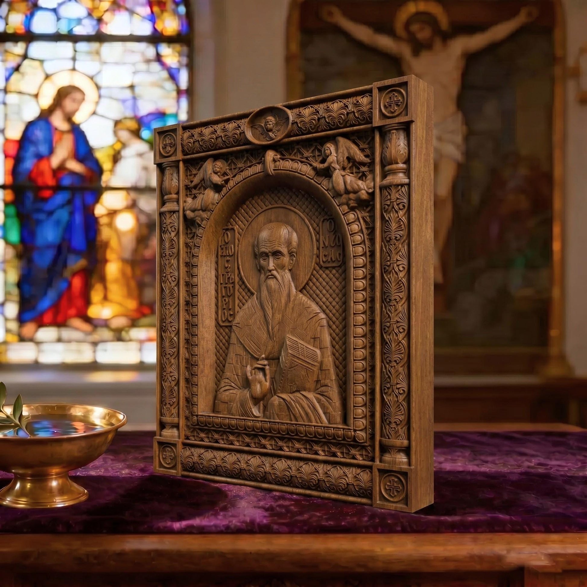 Saint Gregory of Nyssa Wooden Carved Handmade Christian Icon | Byzantine Greek Orthodox Home Art Decor