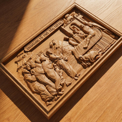 Jesus Christ Resurrecting the Son of the Widow Wooden Carved Handmade Christian Icon | Byzantine Greek Orthodox Home Art Decor