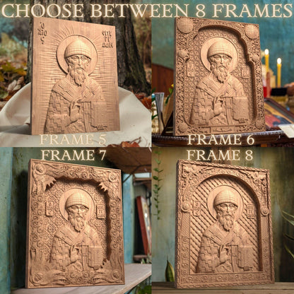 Saint Spyridon Wooden Carved Handmade Christian Icon. Patron Saint of Farmers. Byzantine Greek Orthodox Home Art Decor.
