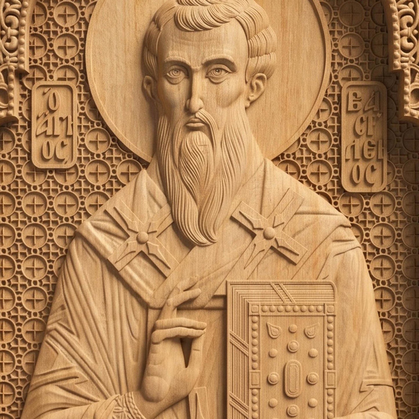 Saint Basil the Great Wooden Carved Handmade Christian Icon Patron Saint of the Poor Front Side Natural Wood Color Cretan Holy Carvings