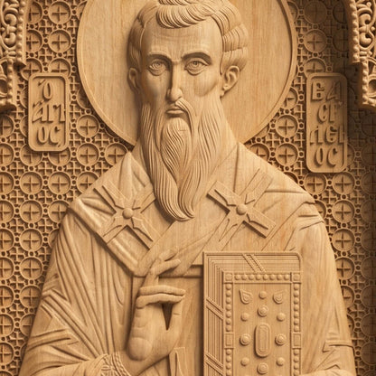 Saint Basil the Great Wooden Carved Handmade Christian Icon Patron Saint of the Poor Front Side Natural Wood Color Cretan Holy Carvings
