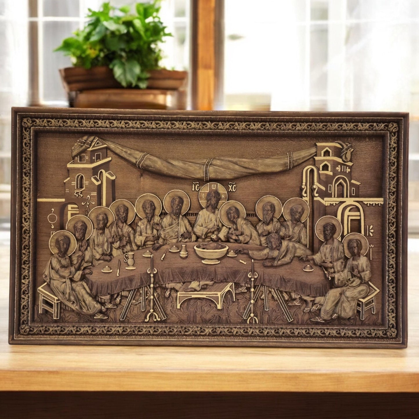 Last Supper Wooden Carved Handmade Christian Icon | Byzantine Greek Orthodox Home Art Decor