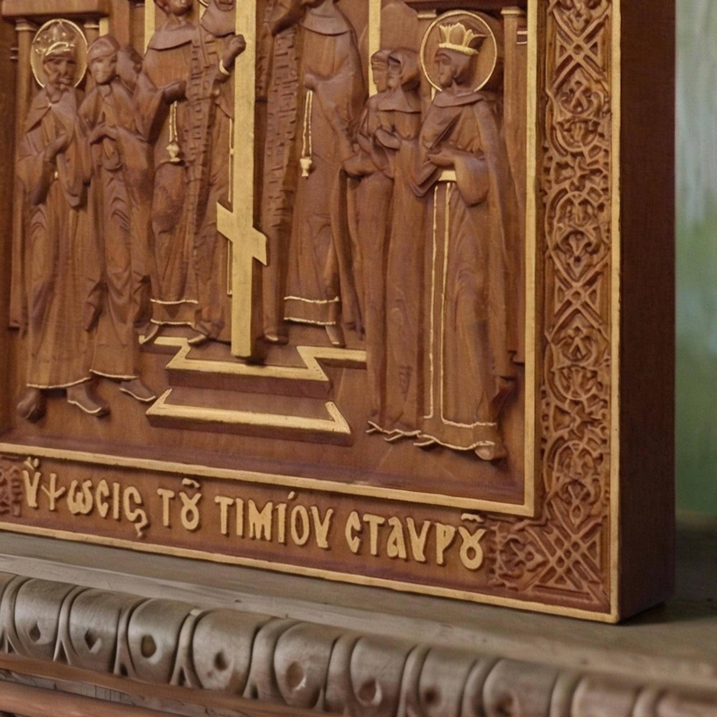 The Elevation of the Holy Cross Wooden Carved Handmade Christian Icon. Byzantine Greek Decor.