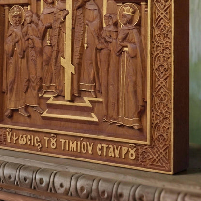 The Elevation of the Holy Cross Wooden Carved Handmade Christian Icon. Byzantine Greek Decor.