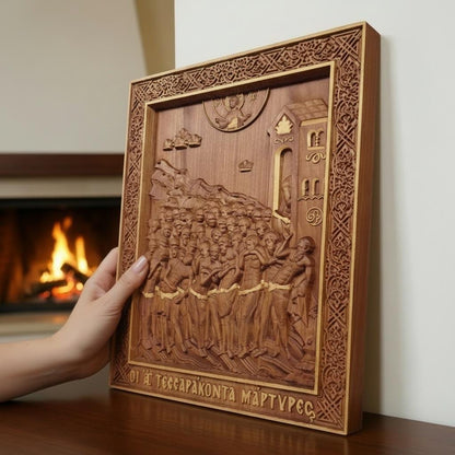 Forty Martyrs of Sebaste Wooden Carved Handmade Christian Icon. Byzantine Greek Orthodox Home Decor.