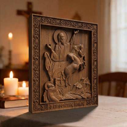Prophet Elijah Wooden Carved Handmade Christian Icon Patron Saint of Bosnia and Herzegovina Left Side Brown Oak Cretan Holy Carvings