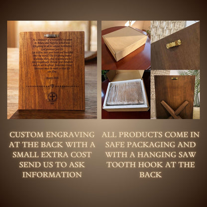 The image is a collage of four photos depicting a wooden box, a wooden box, a wooden box, and a wooden box with a tooth hook attached to the back. The text on the collage provides information about custom engraving, safe packaging, and the tooth hook.