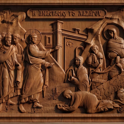 Lazarus Resurrection from Jesus Christ   Wooden Carved Handmade Christian Icon | Byzantine Greek Orthodox Home Art Decor