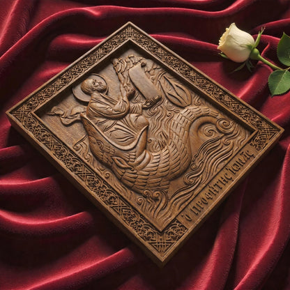 Prophet Jonah Wooden Carved Handmade Christian Icon. Byzantine Greek Orthodox Home Decor.