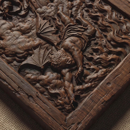 God Banishes Lucifer Wooden Carved Handmade Christian Icon  Byzantine Greek Orthodox Home Decor Cretan Holy Carvings