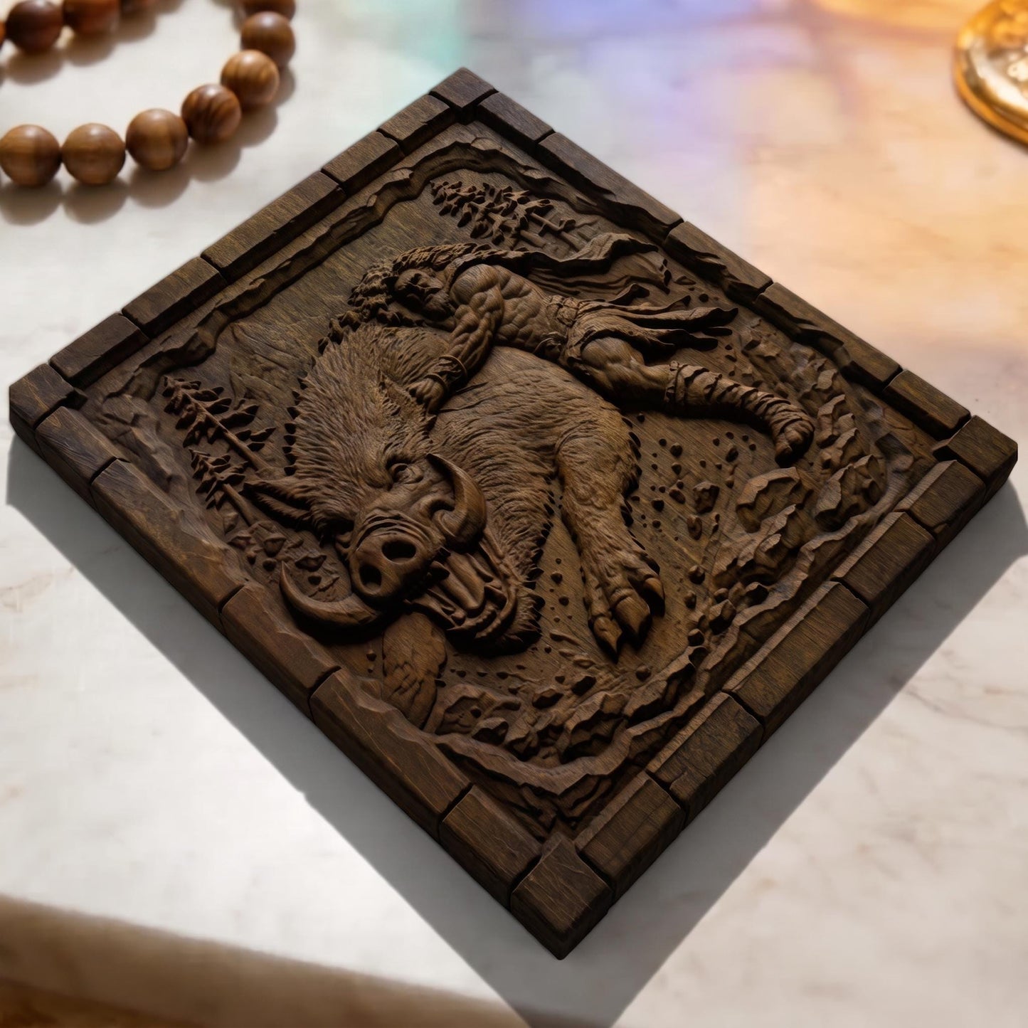 Hercules Fighting the Wild Boar from Ancient Greek Mythology 3D Wooden Bas Relief Panel Art Sculptural Gift Idea Cretan Holy Carvings