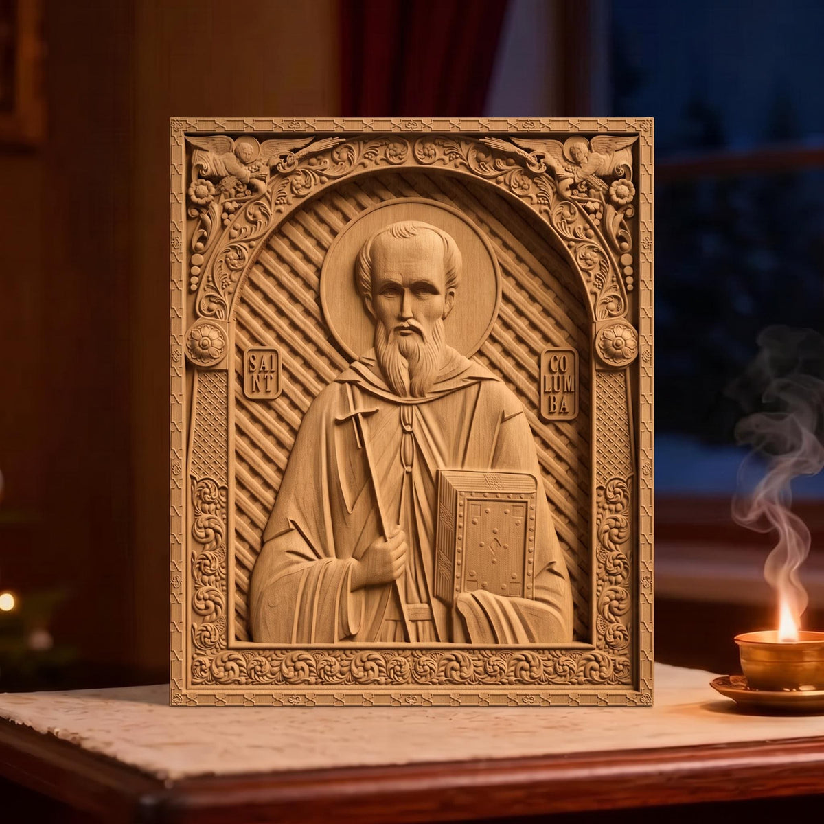 Saint Columba Wooden Carved Handmade Christian Icon | Byzantine Greek Orthodox Home Art Decor