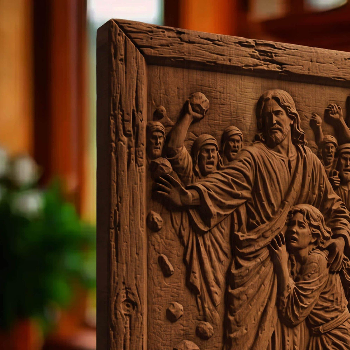 Jesus Christ Protects the Sinful Woman Wooden Carved Handmade Christian Icon  Byzantine Greek Orthodox Home Art Decor Cretan Holy Carvings