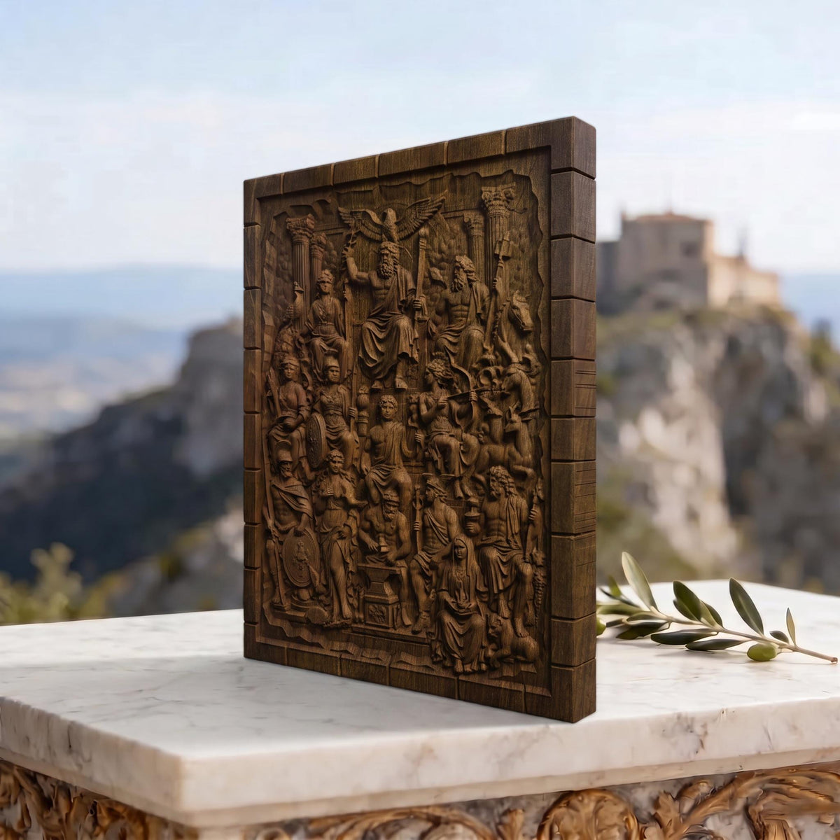 The Gathering of Olympian Gods 3D Wooden Bas Relief Panel Art Sculptural Gift Idea Cretan Holy Carvings