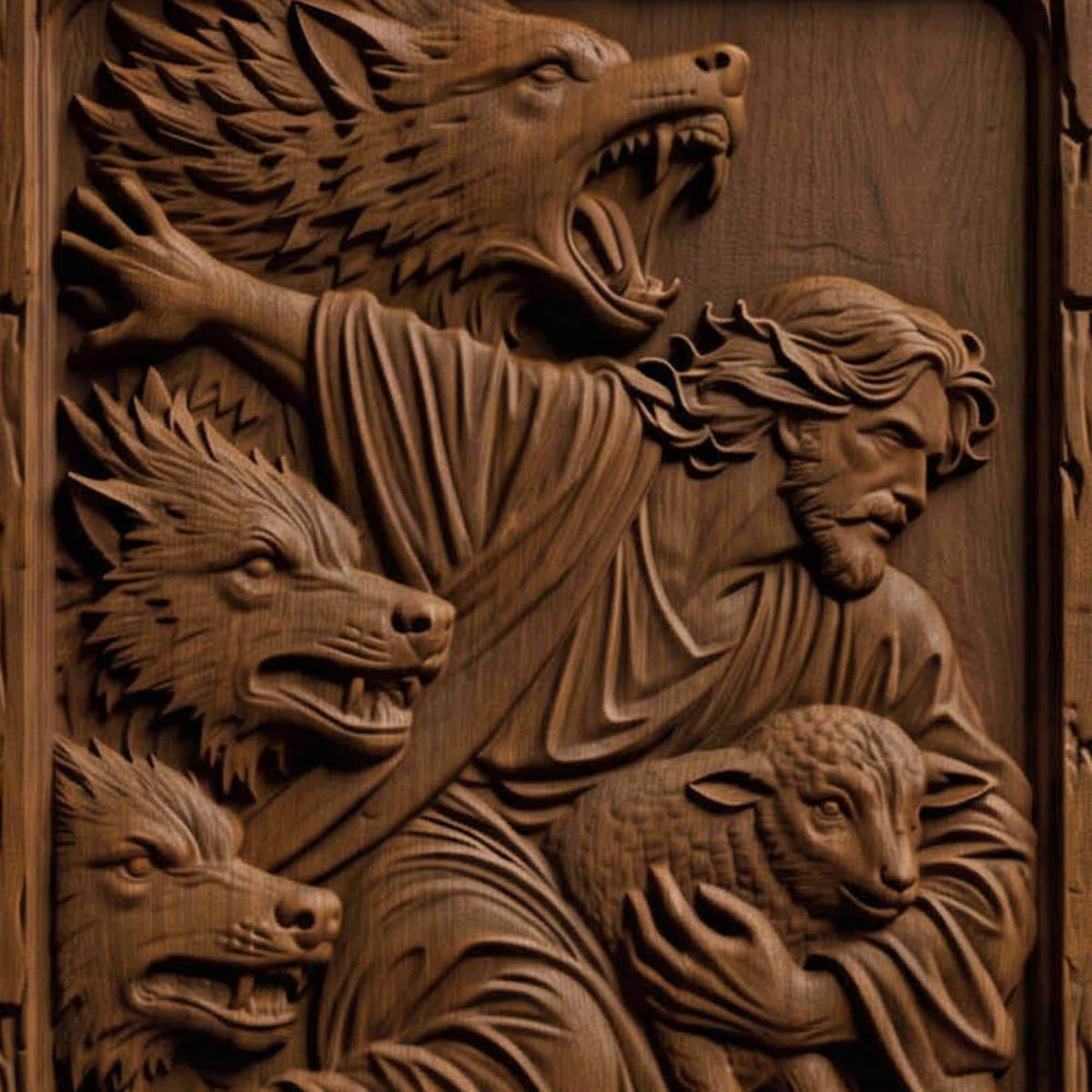 Jesus Saves from the Wolves Wooden Carved Handmade Christian Icon  Byzantine Greek Orthodox Home Decor Cretan Holy Carvings