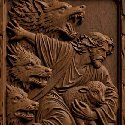 Jesus Saves from the Wolves Wooden Carved Handmade Christian Icon  Byzantine Greek Orthodox Home Decor Cretan Holy Carvings