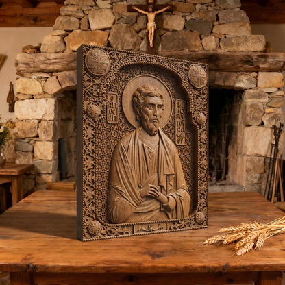 Saint James of Alphaeus the Apostle Wooden Carved Handmade Christian Icon Patron Saint of Pharmacists Left Side Brown Oak Cretan Holy Carvings