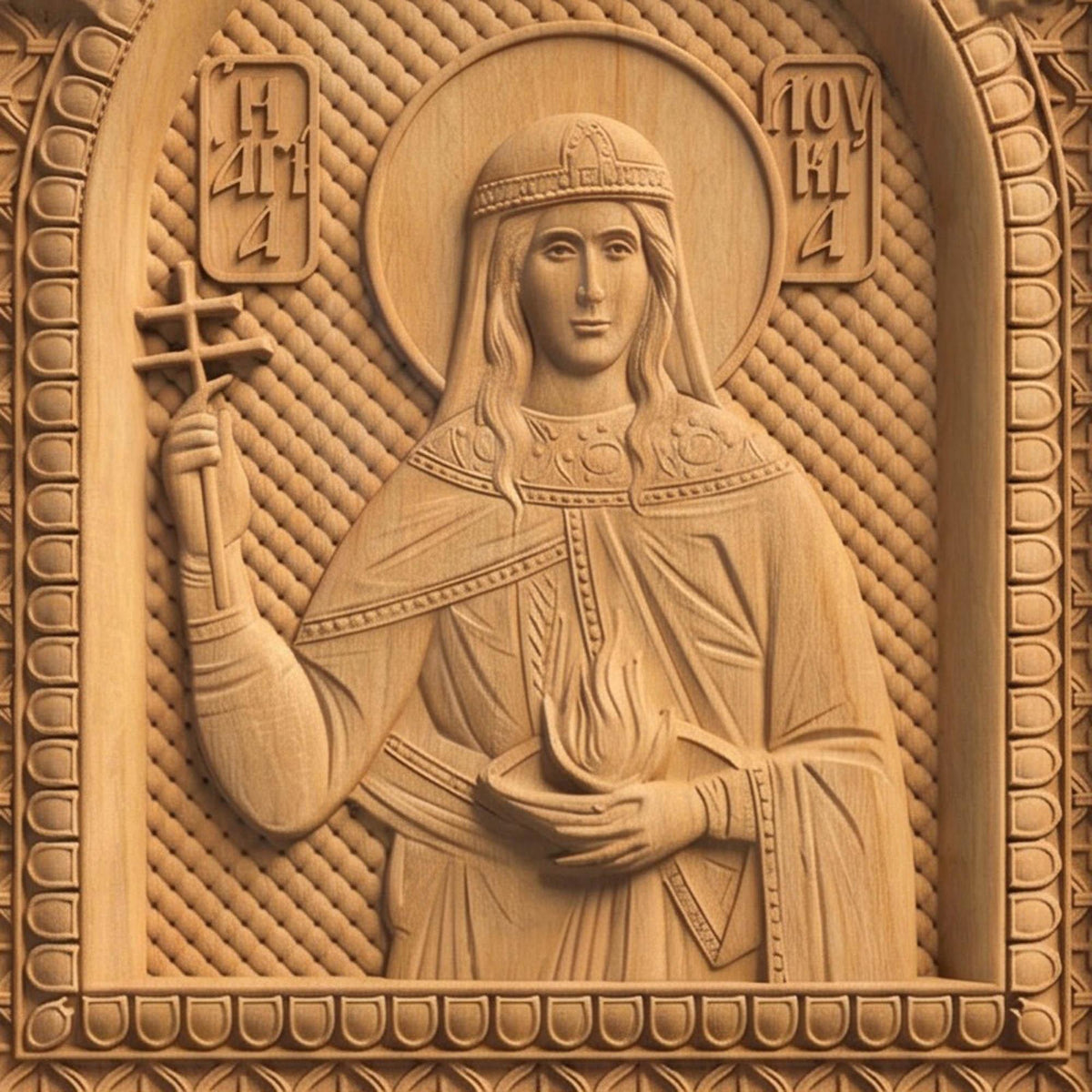 Saint Lucy Patron Saint of Blindness Wooden Carved Handmade Christian Icon | Byzantine Greek Orthodox Home Art Decor