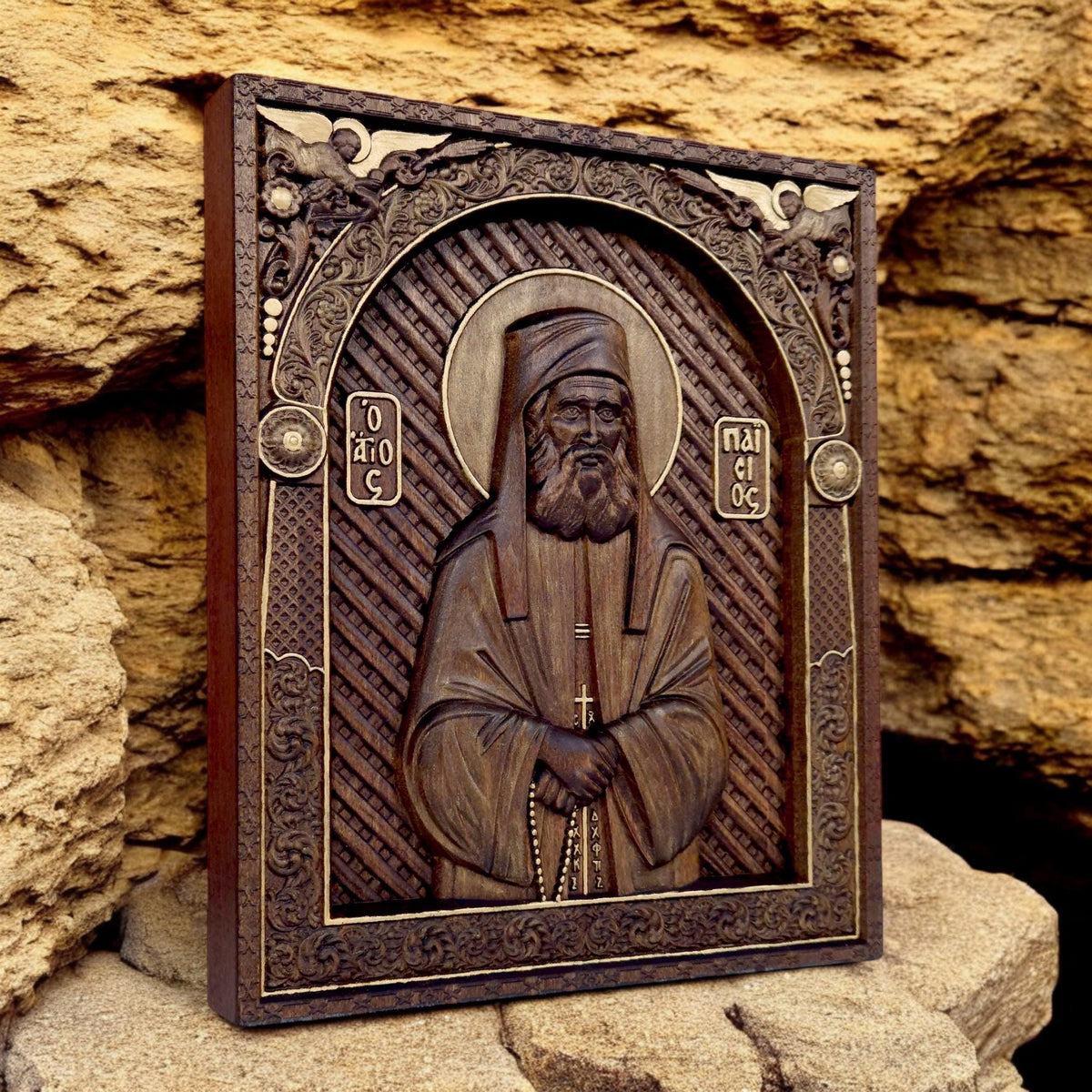 Saint Paisios of Mount Athos Wooden Carved Handmade Christian Icon. Byzantine Greek Home Decor.