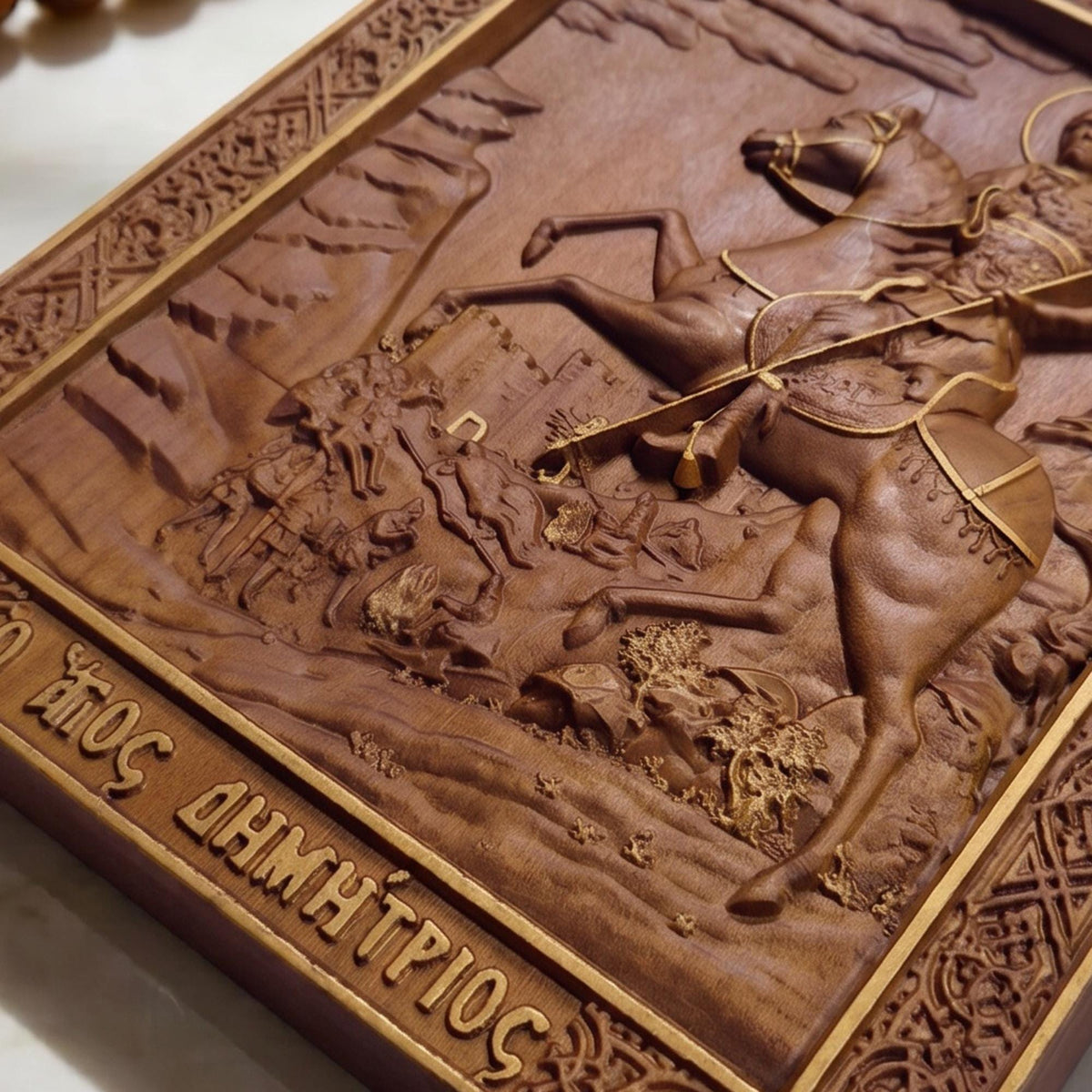 Saint Demetrius of Thessaloniki Wooden Carved Handmade Christian Icon Flat Side Golden Brown Cretan Holy Carvings