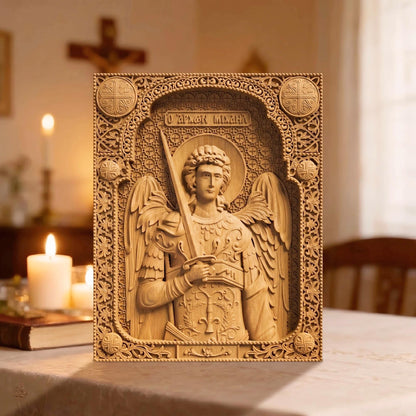 Αrchangel Michael Wooden Carved Handmade Christian Icon Front Side Natural Wood Color Cretan Holy Carvings