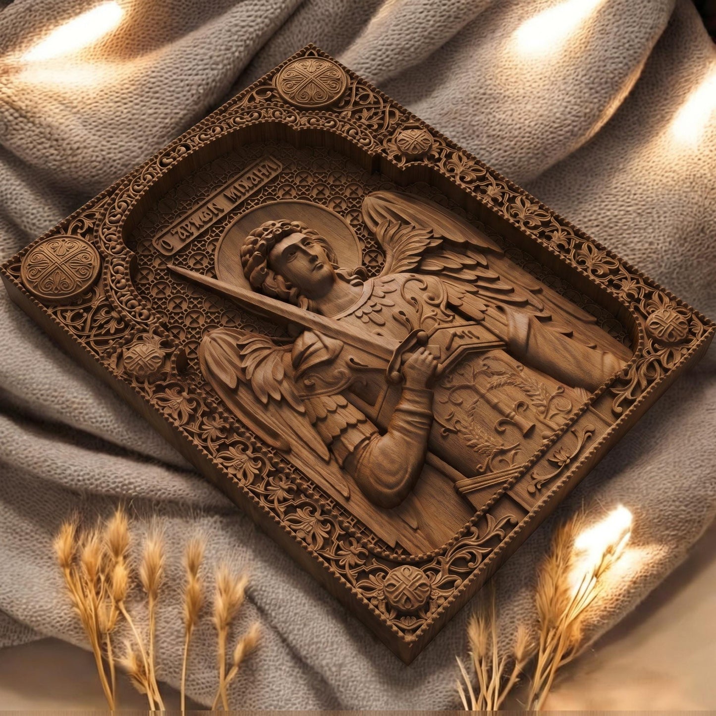 Αrchangel Michael Wooden Carved Handmade Christian Icon Flat Side Brown Oak Cretan Holy Carvings
