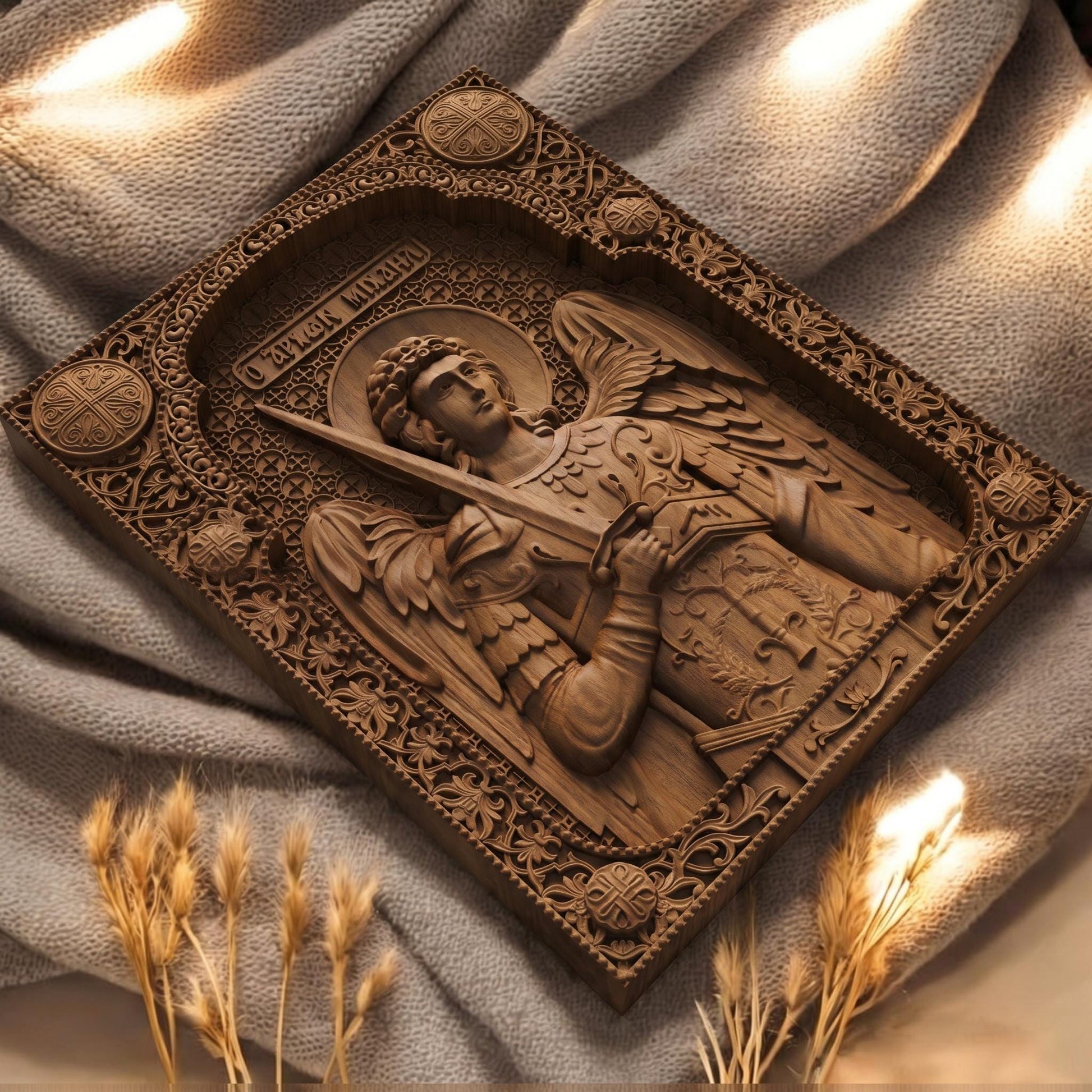 Αrchangel Michael Wooden Carved Handmade Christian Icon Flat Side Brown Oak Cretan Holy Carvings