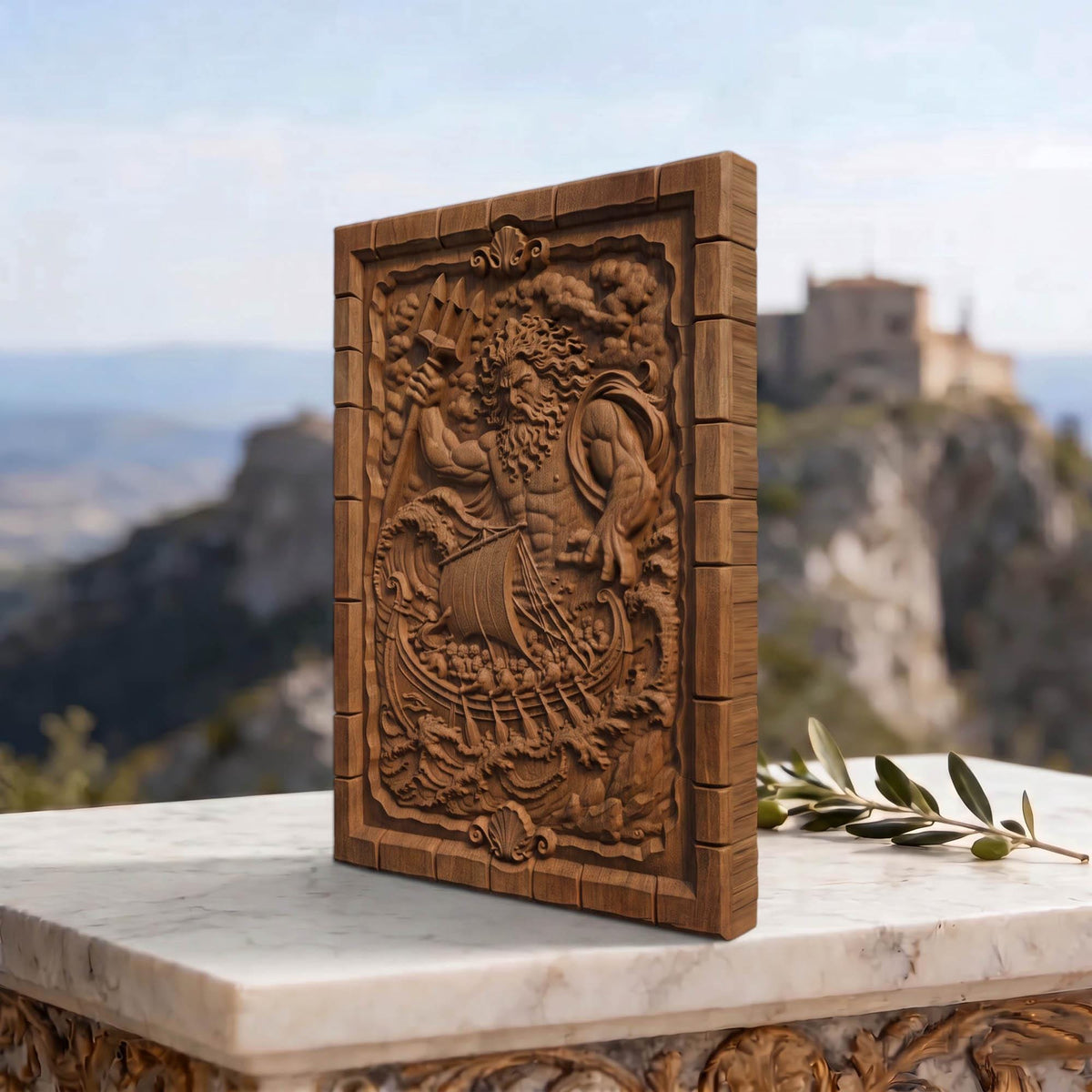 Poseidon Punishes Odysseus from Ancient Greek Mythology 3D Wooden Bas Relief Panel Art Sculptural Gift Idea Cretan Holy Carvings