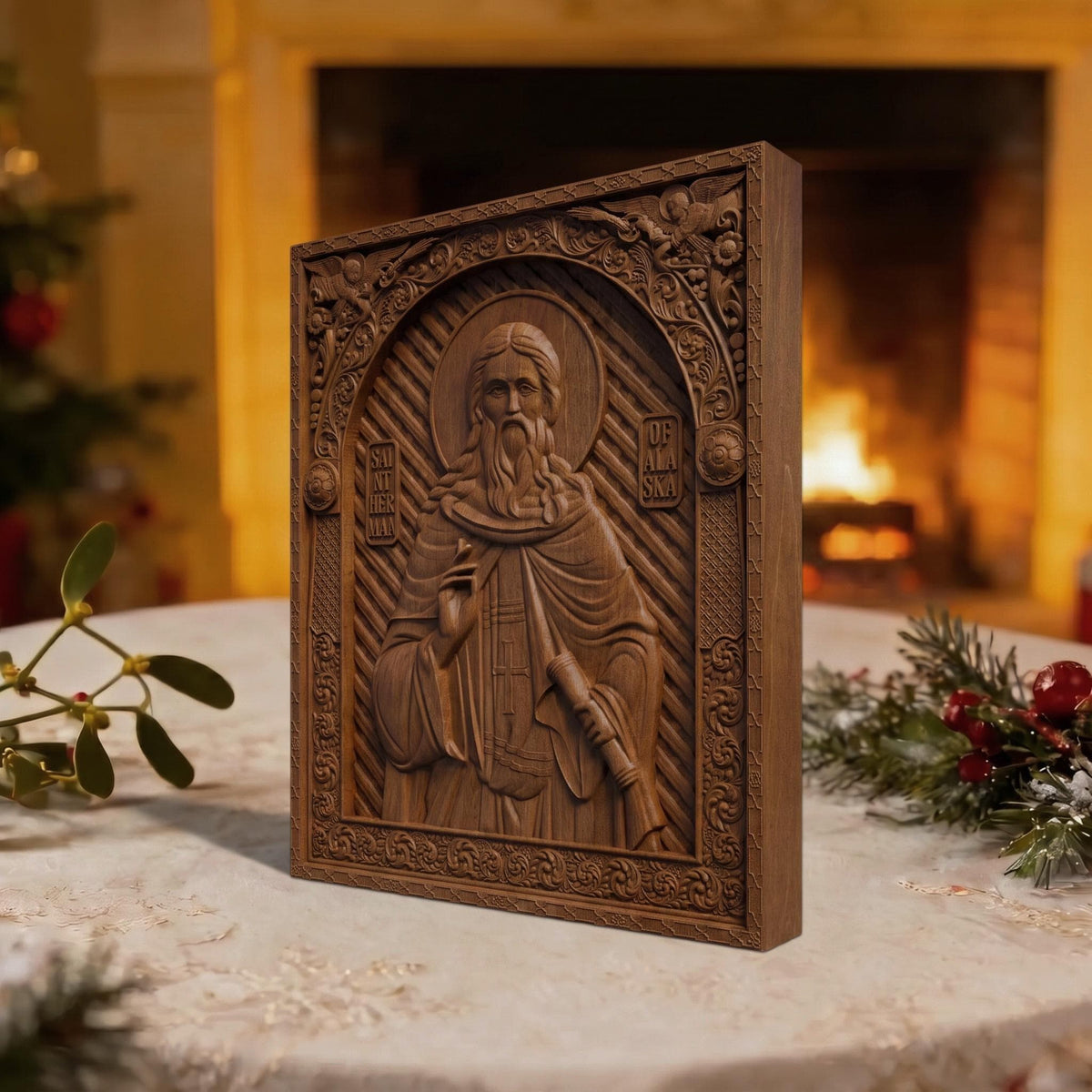 Saint Herman of Alaska Wooden Carved Handmade Christian Icon | Byzantine Greek Orthodox Home Art Decor