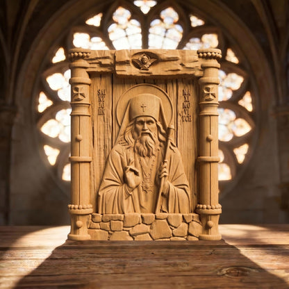 Saint John Maximovitch Wooden Carved Handmade Christian Icon Patron Saint of Orphans Front Side Natural Wood Color Cretan Holy Carvings