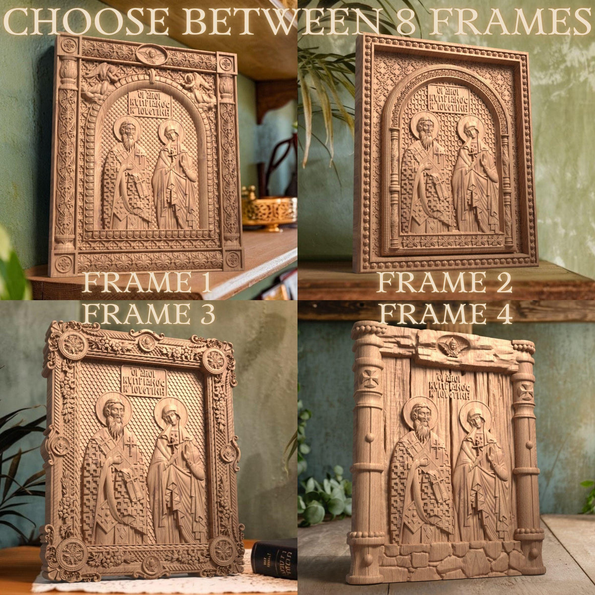 Saints Cyprian and Justina Wooden Carved Handmade Christian Icon. Byzantine Greek Orthodox Home Decor.
