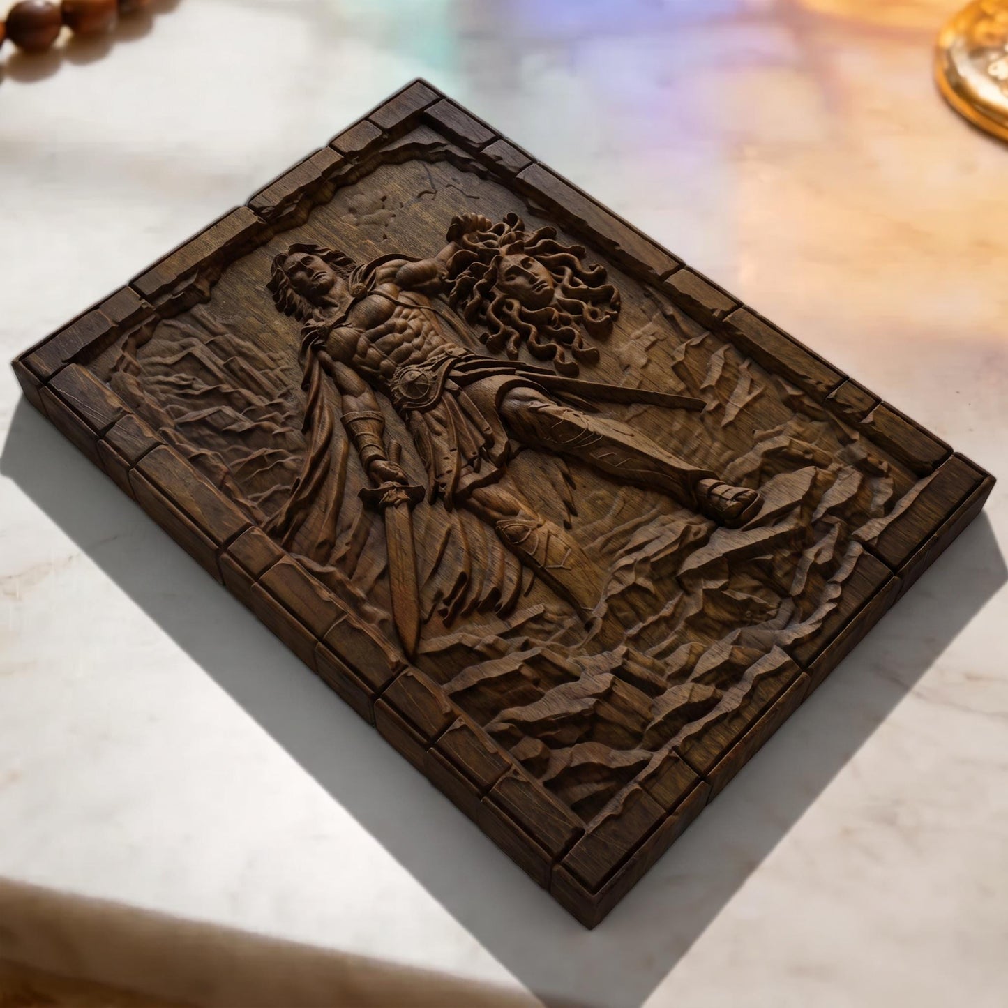Perseus Cut Medusa's Head from Ancient Greek Mythology 3D Wooden Bas Relief Panel Art Sculptural Gift Idea Cretan Holy Carvings