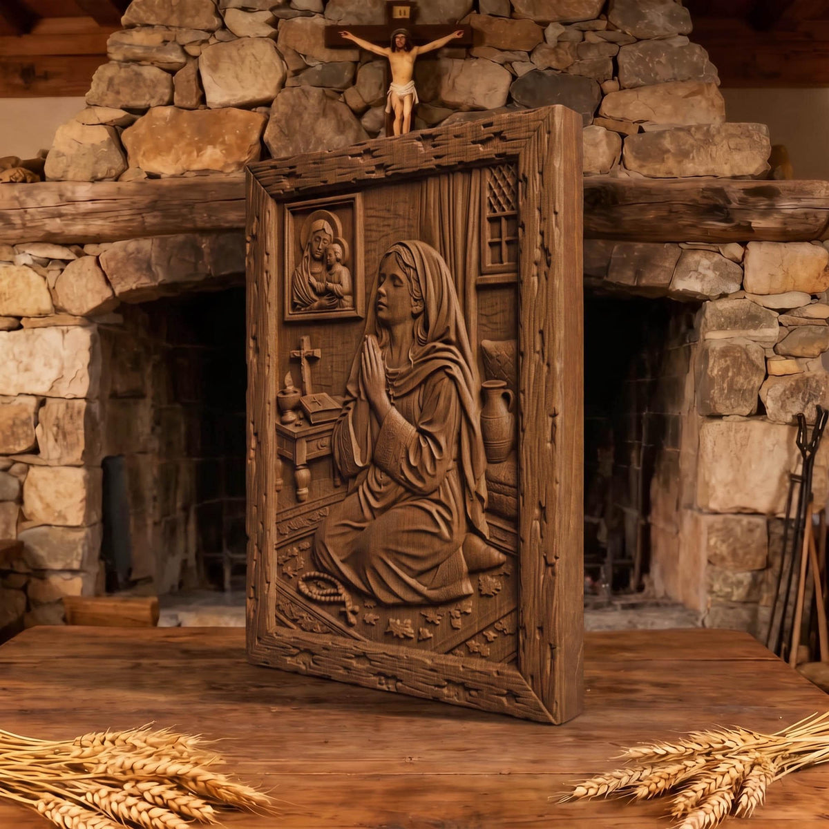 Young Girl Praying to God Wooden Carved Handmade Christian Icon  Byzantine Greek Orthodox Home Decor Cretan Holy Carvings
