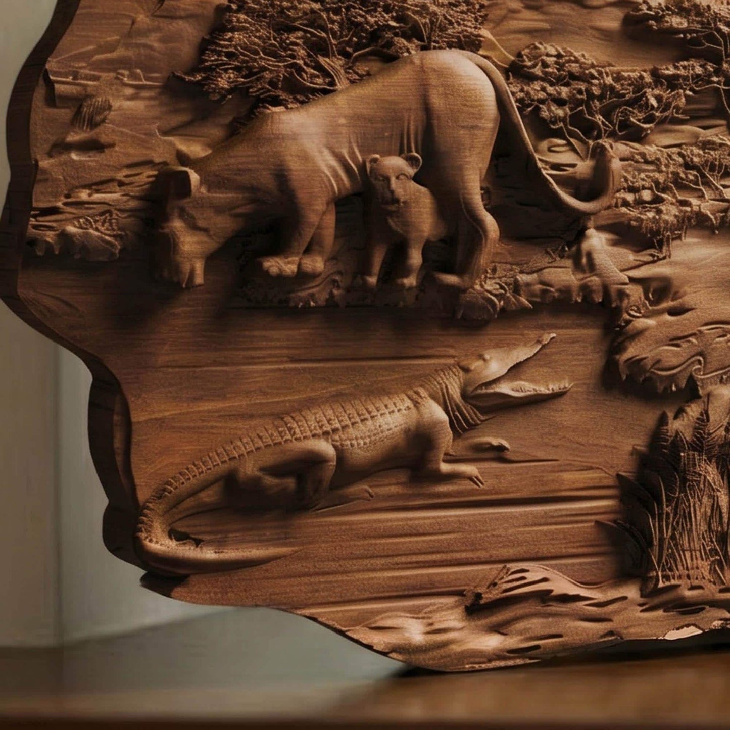 African Nature Scene Wooden Bas Relief | Wood Panel Art | Sculptural Gift Idea