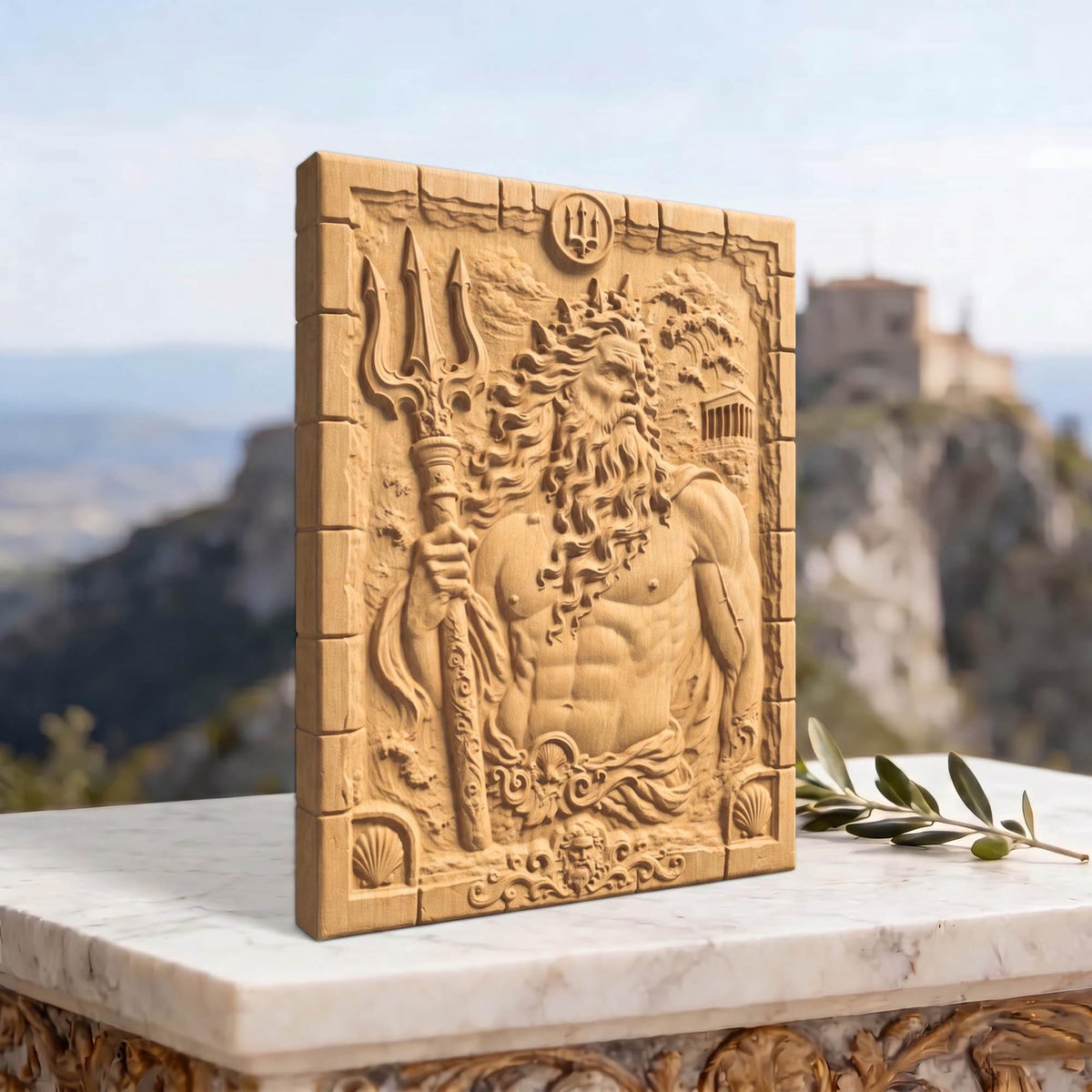 Poseidon God of Olympus from Ancient Greek Mythology 3D Wooden Bas Relief Panel Art Sculptural Gift Idea Cretan Holy Carvings